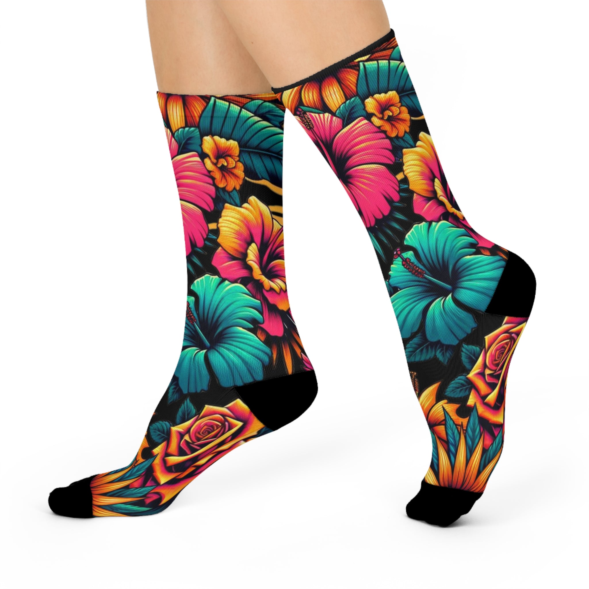 a pair of colorful socks with flowers on them