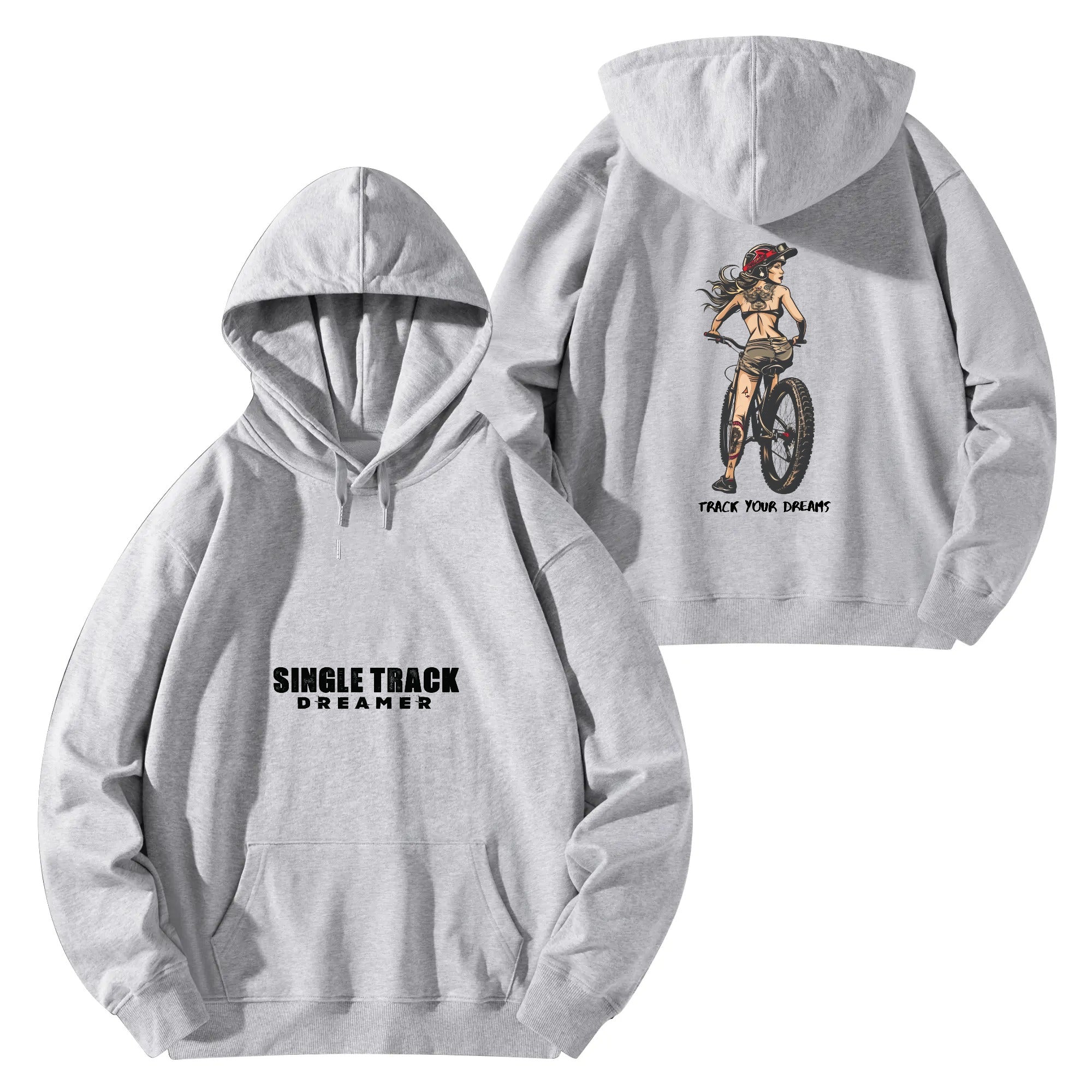 a grey hoodie with an image of a woman riding a bike