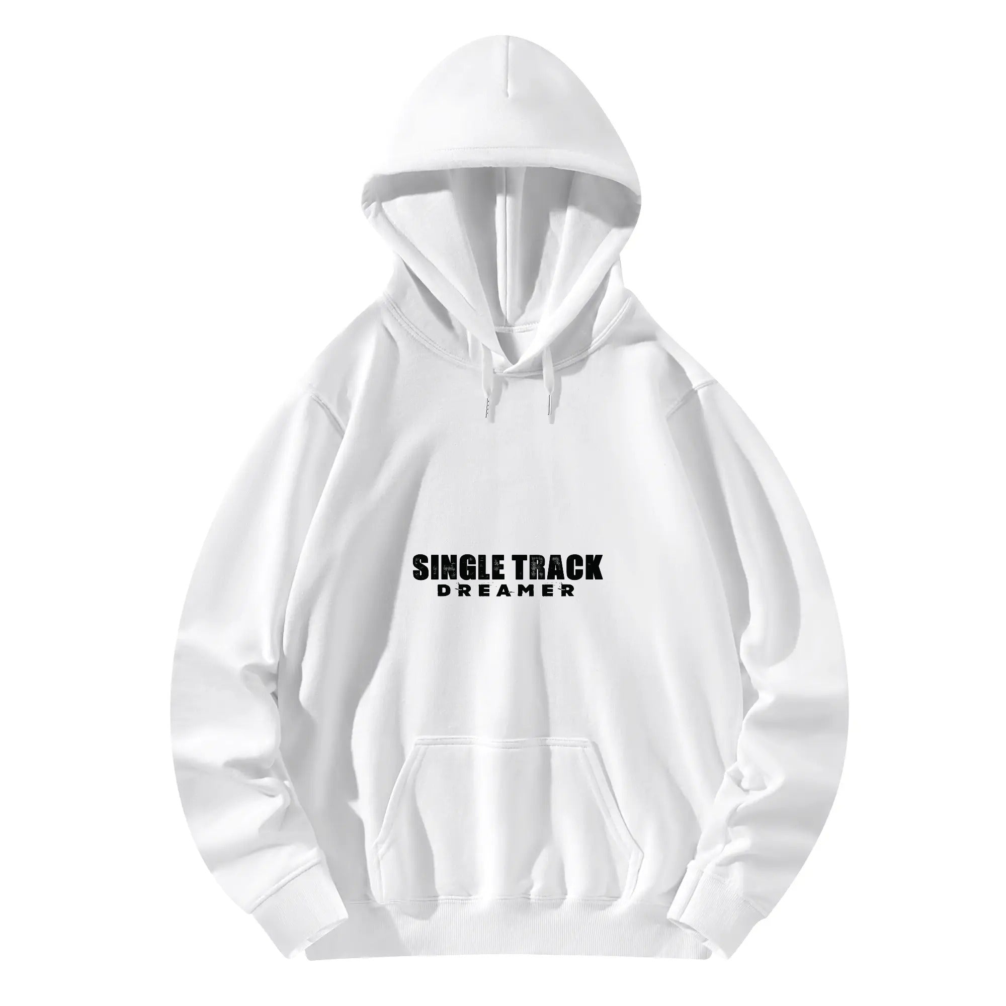 a white hoodie with the words single track on it
