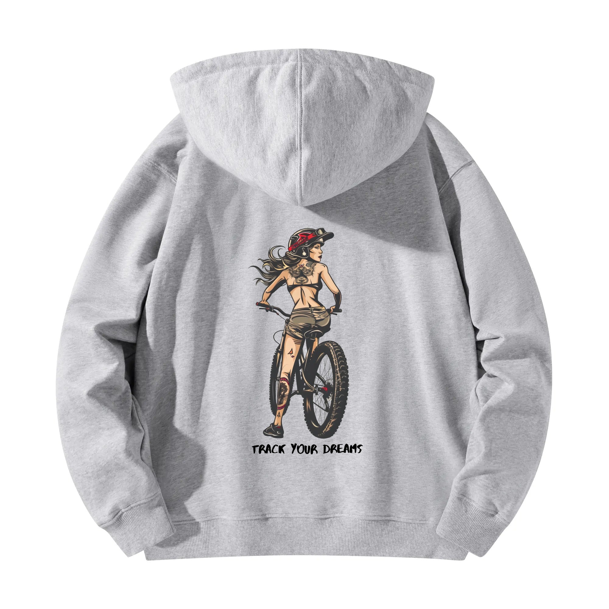 a grey hoodie with a woman riding a bike
