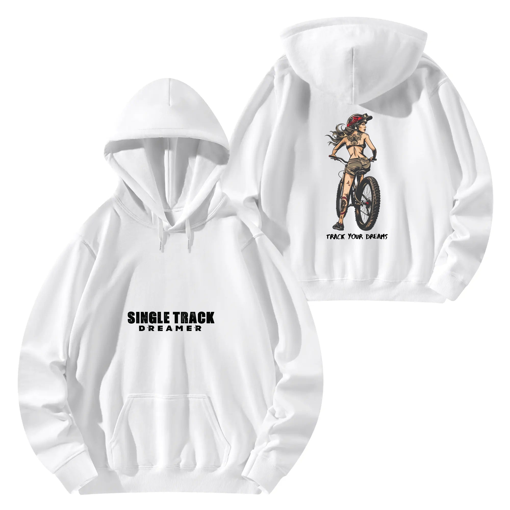 a white hoodie with an image of a woman riding a bike