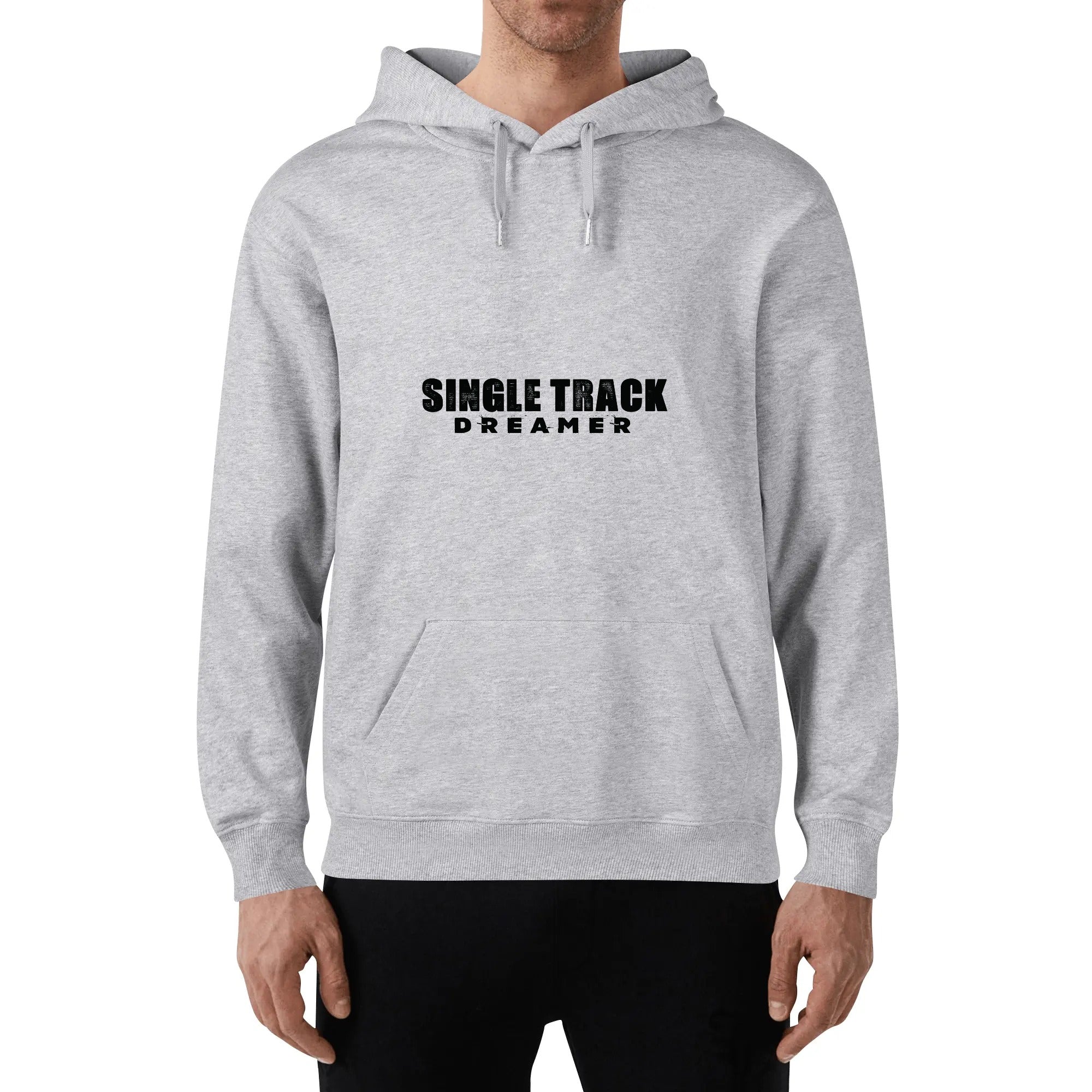 a man wearing a grey hoodie that says single track dream