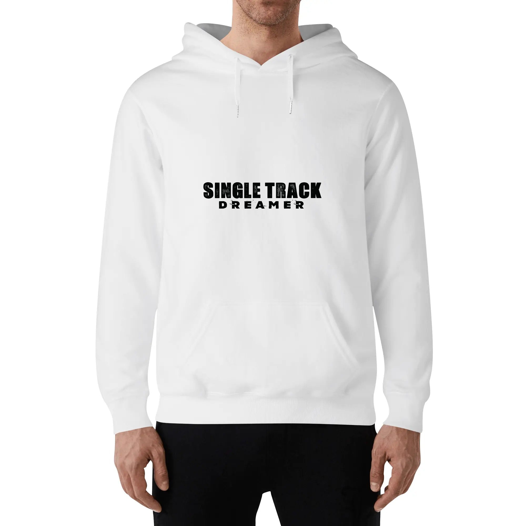 a man wearing a white hoodie that says single track dream