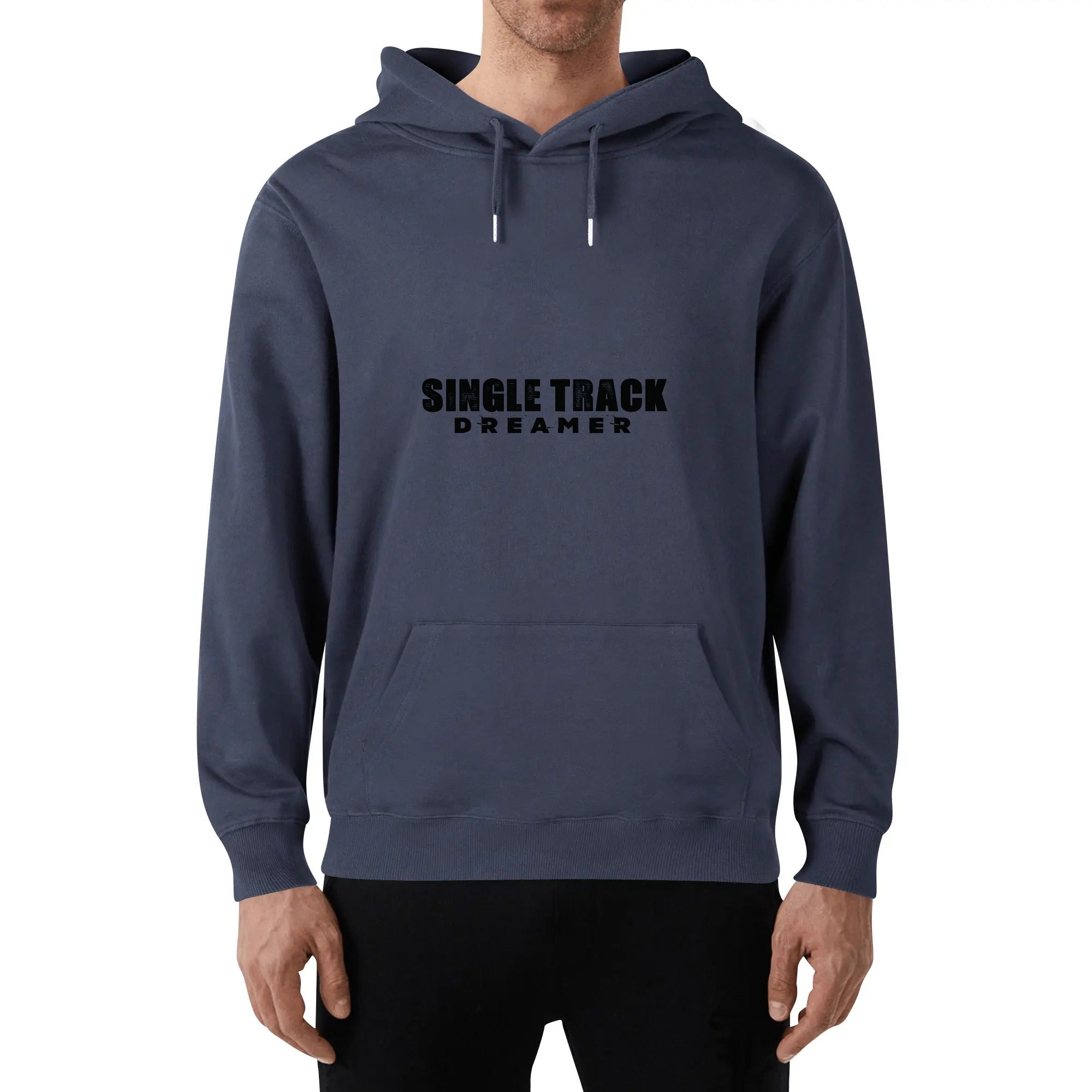 a man wearing a blue hoodie that says single track dream