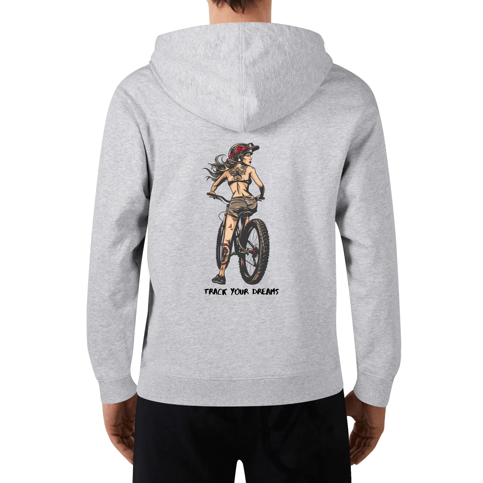 a man wearing a grey hoodie with an image of a woman riding a bike