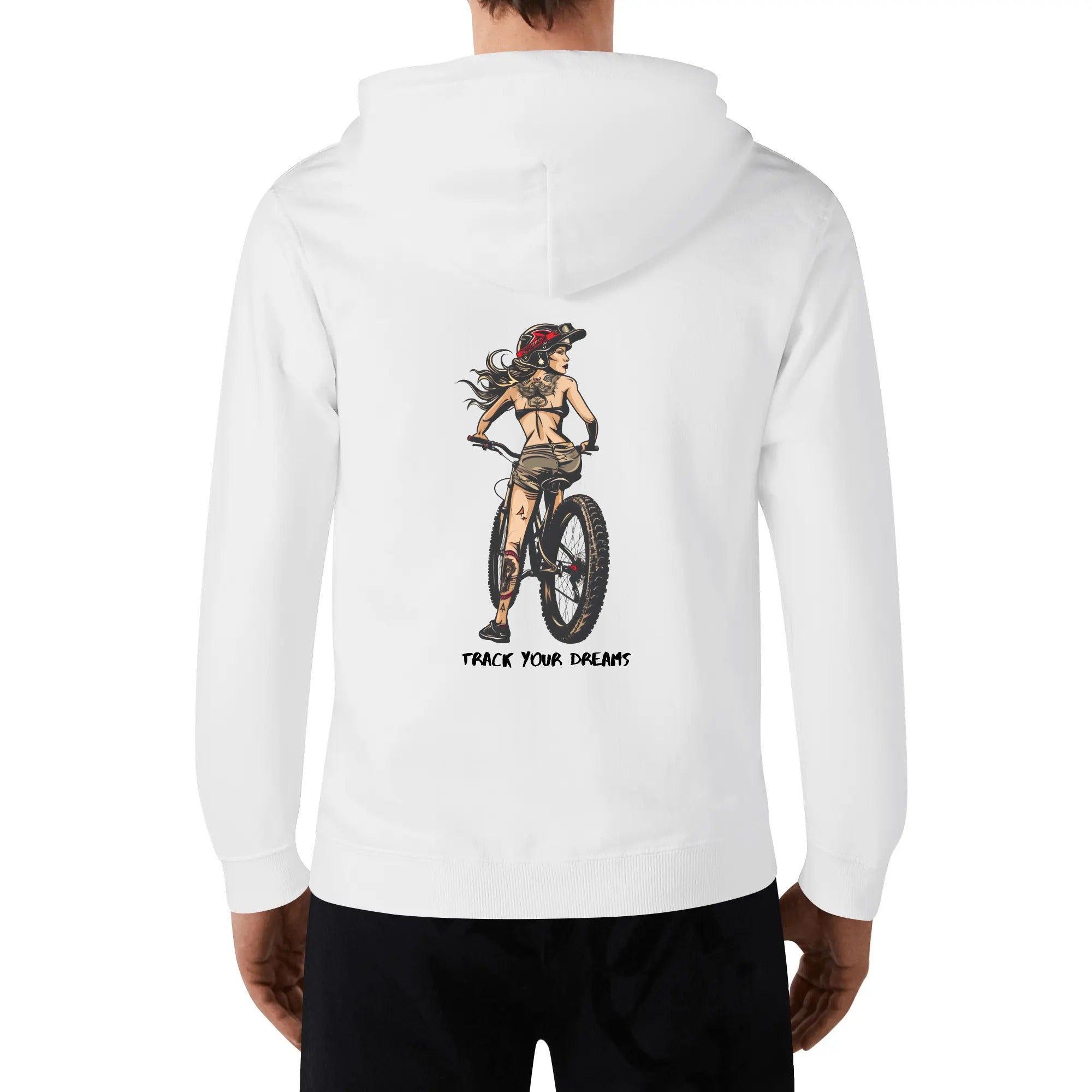 a man wearing a white hoodie with an image of a woman riding a bike