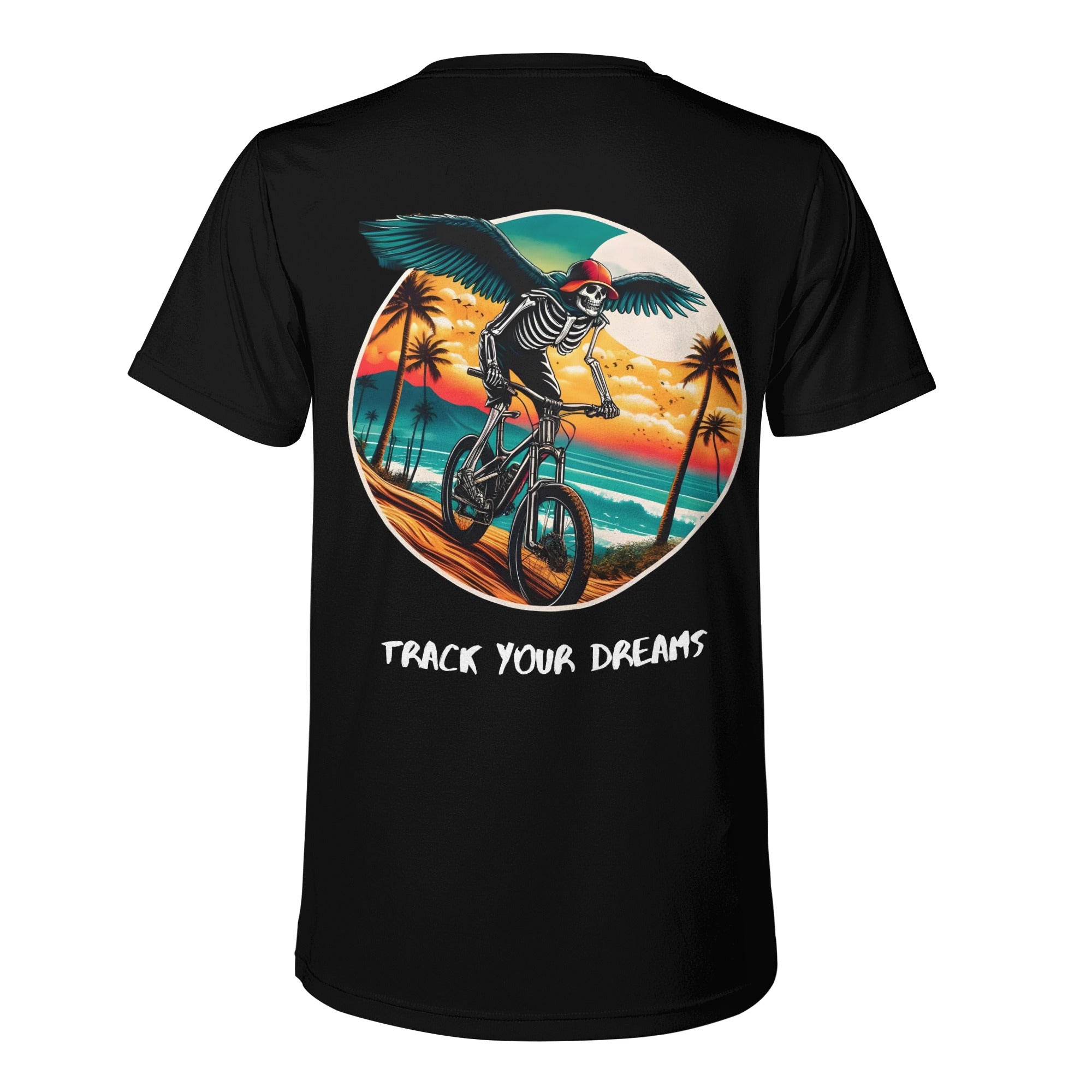 a black t - shirt with a skeleton riding a bike