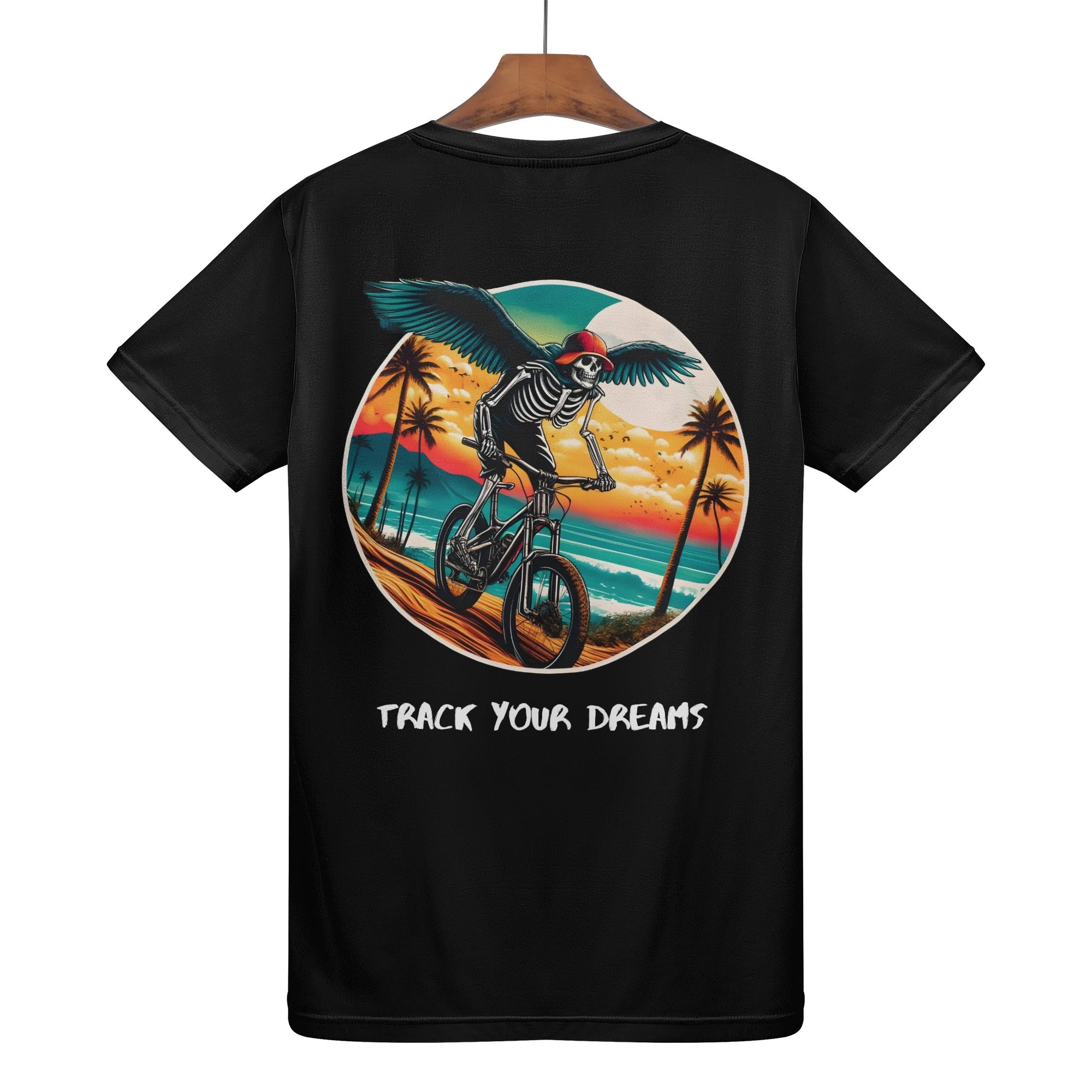 a black t - shirt with a skeleton riding a bike on the beach