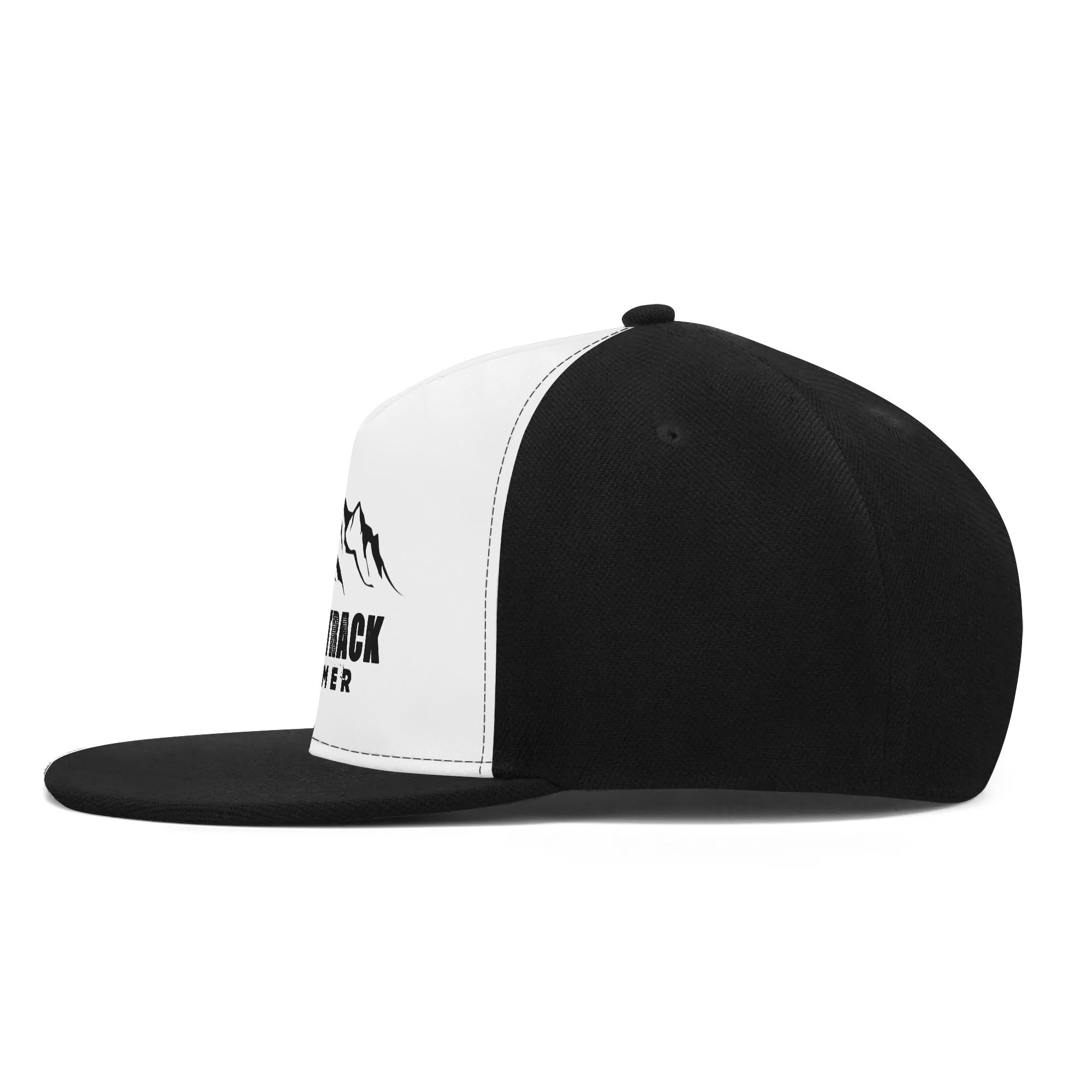 a black and white hat with a mountain scene on it