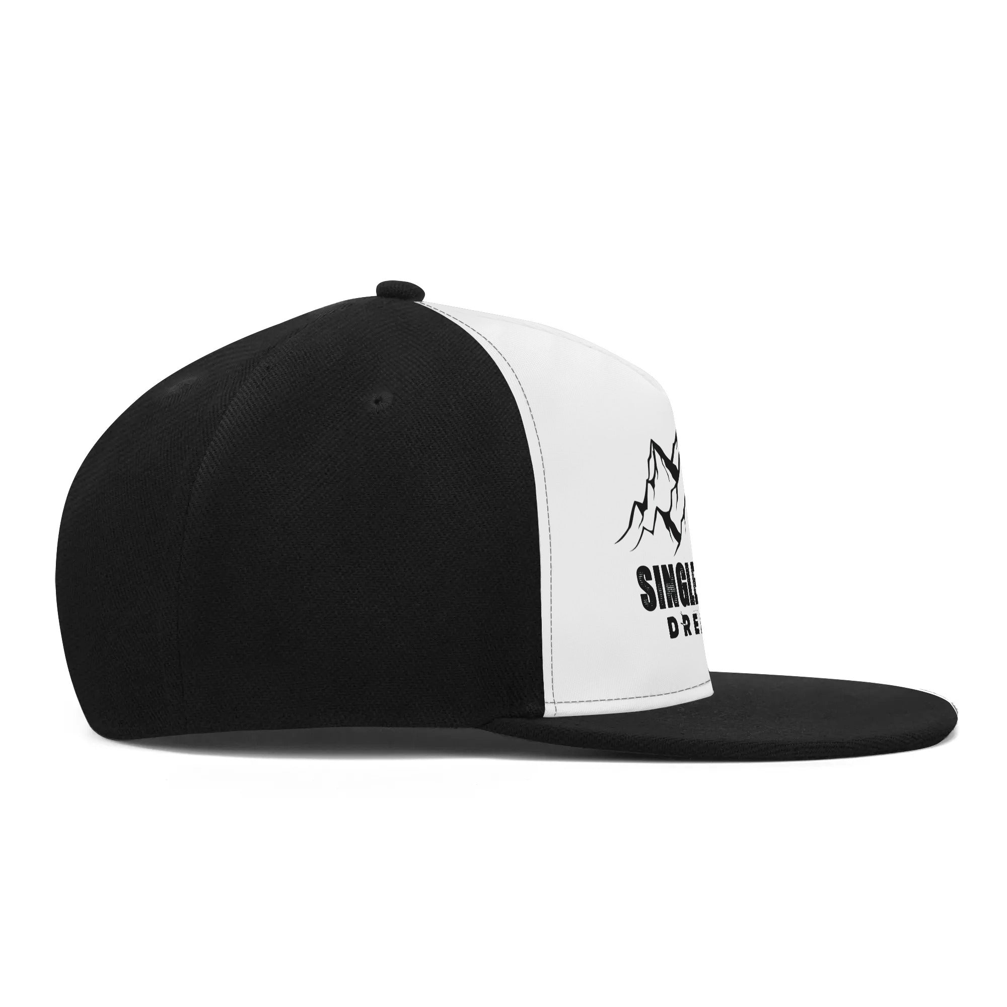 a black and white hat with a black peak