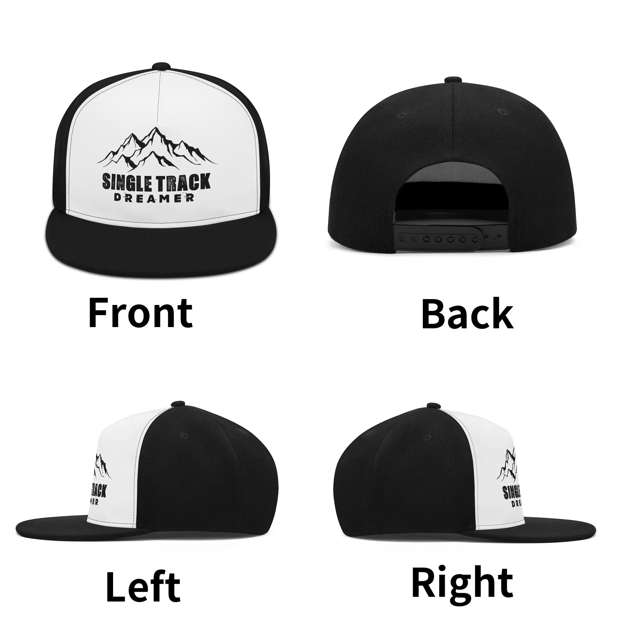 three different hats with the words front, back, and right