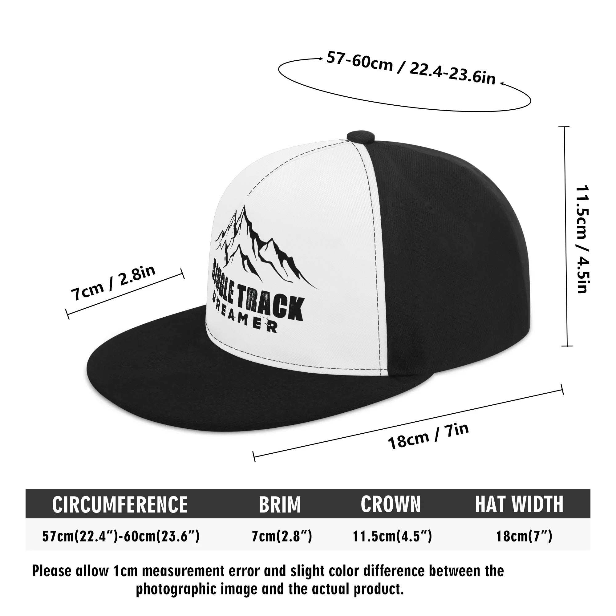 a black and white hat with the measurements for it