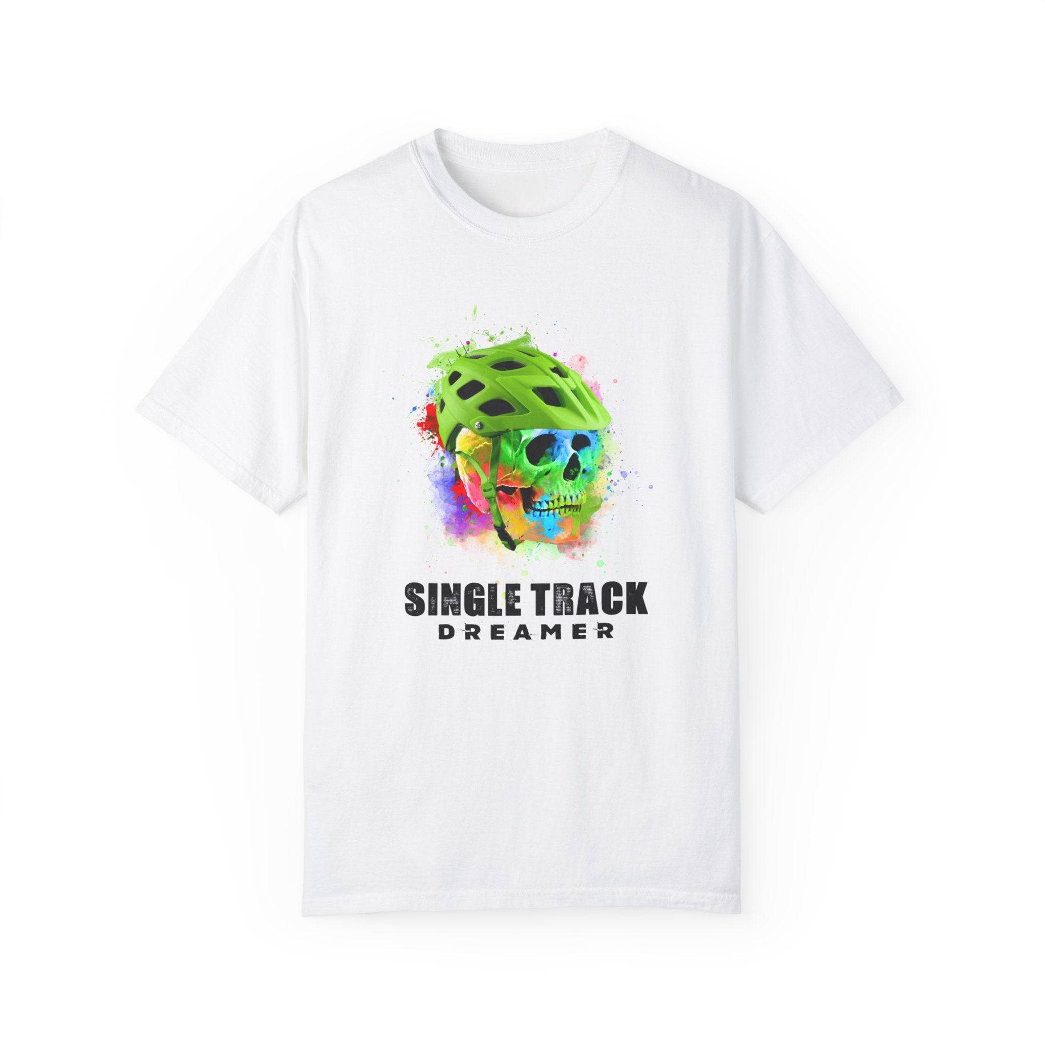 a white t - shirt with a skull wearing a green helmet