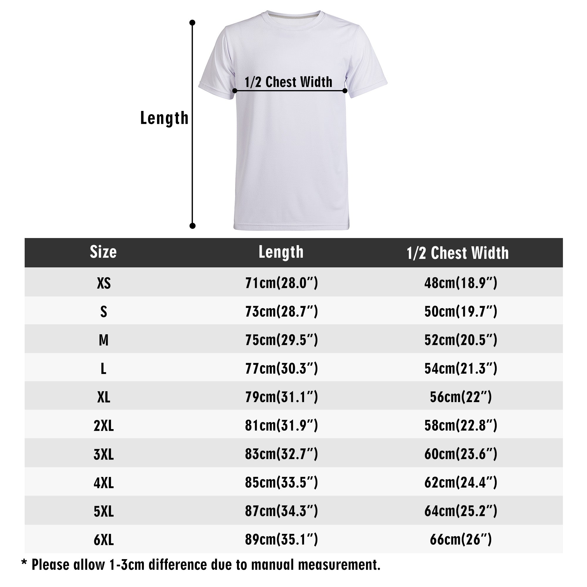 a white t - shirt with measurements and measurements