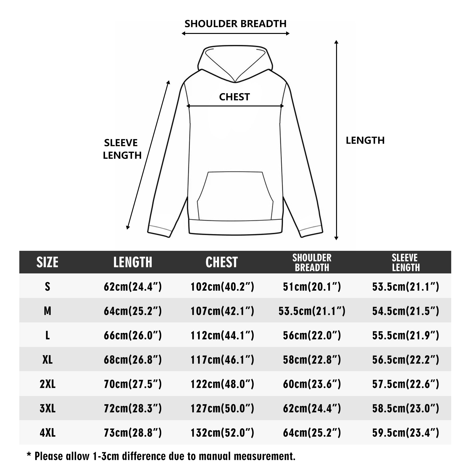 the size and measurements of a hoodie