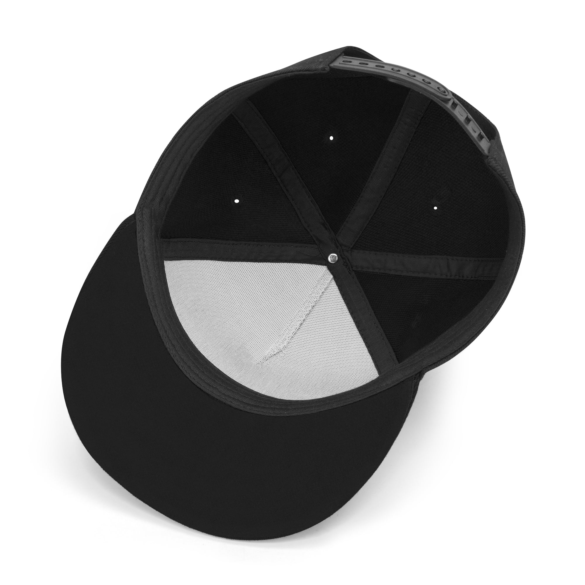 a black and white baseball cap with a black visor
