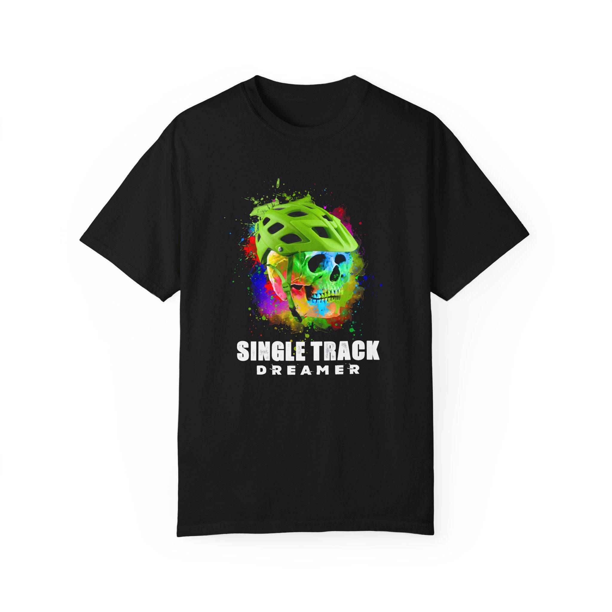 a black t - shirt with a colorful skull wearing a helmet