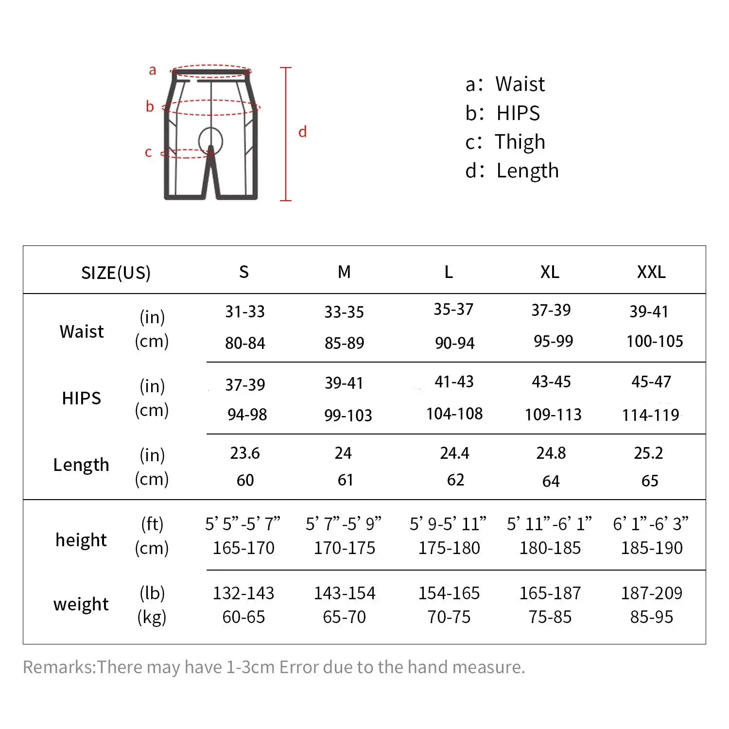 men's shorts size chart