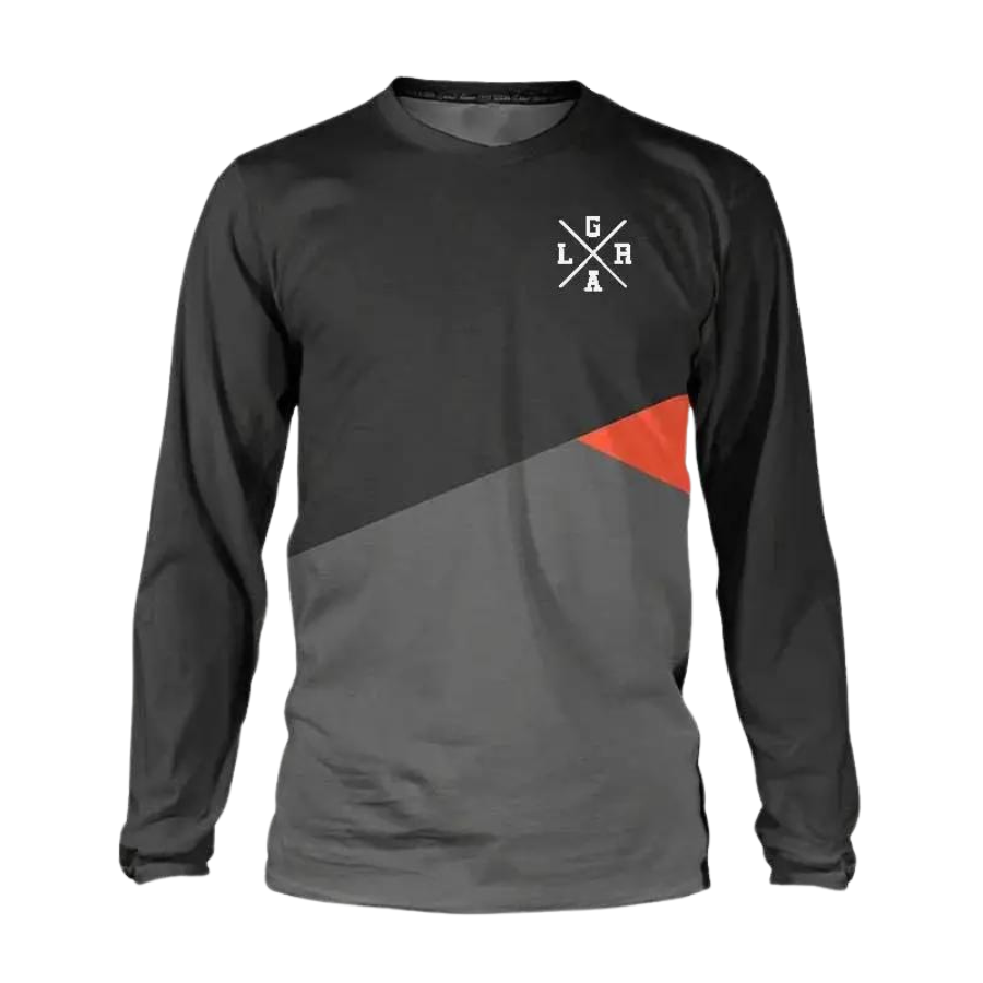 a long sleeved shirt with an orange and grey design