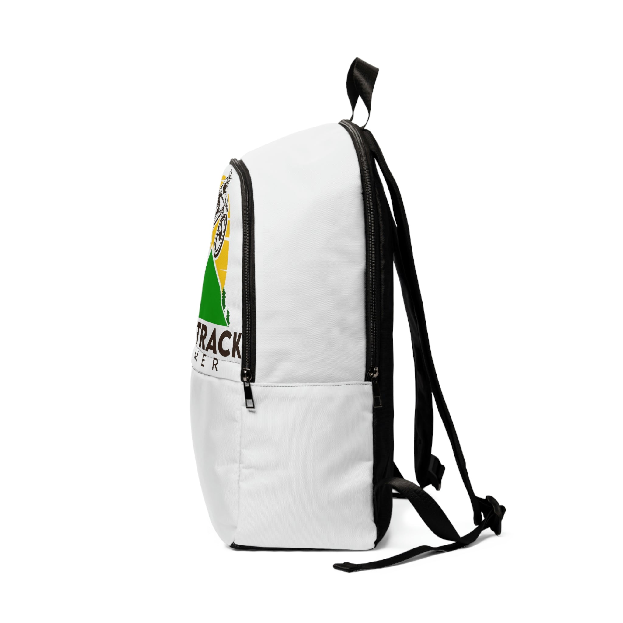 a white backpack with a green and yellow logo