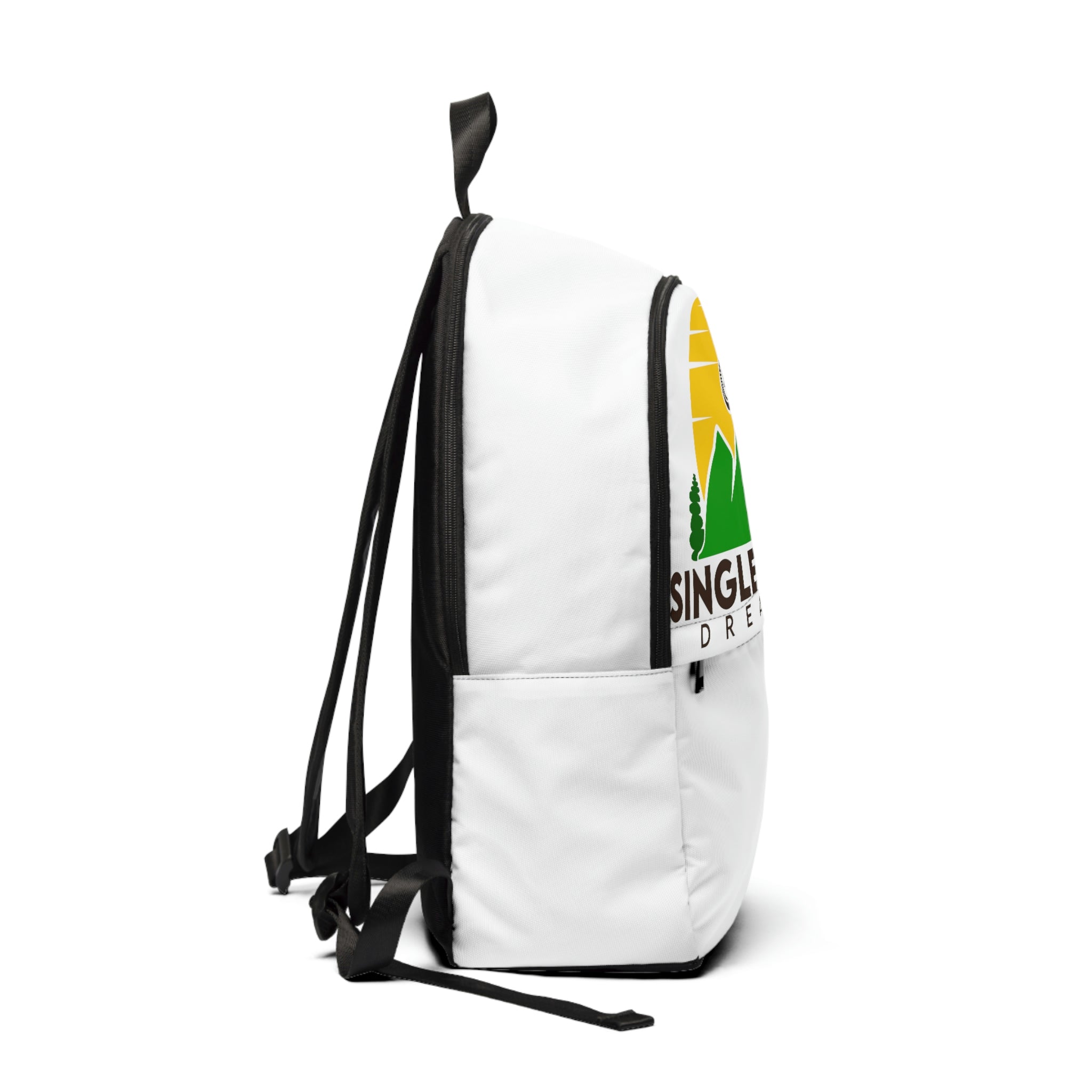 a white backpack with a green and yellow logo