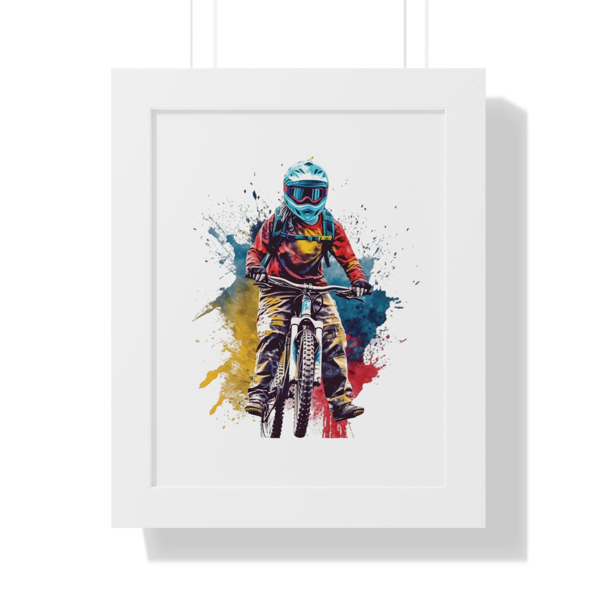 FRAMED POSTER | MOUNTAIN BIKER COLOUR SPLASH | BLACK/WHITE/WALLNUT FRAME - Single Track Dreamer